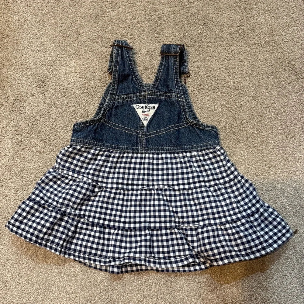 OshKosh 100% Cotton Navy Blue Plaid Tiered Bottom Denim Overall Dress Size 12 M